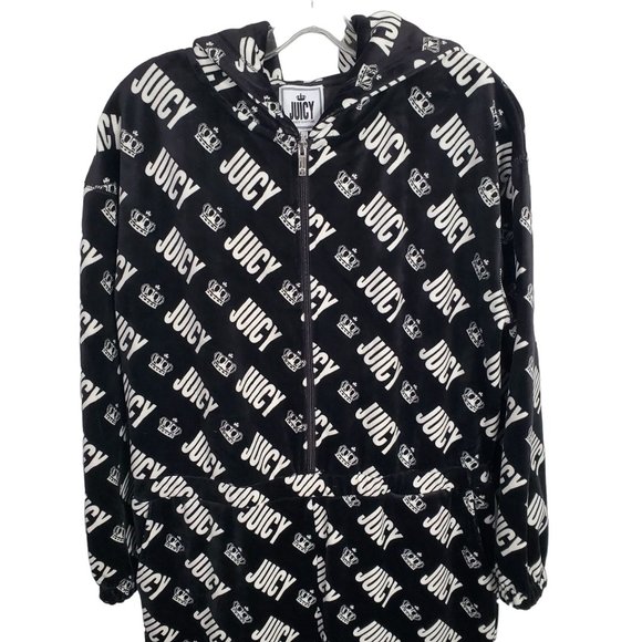 Juicy Couture Size L Jumpsuit Hoodie Velour Jogger Zip Up Pockets Logo Print Y2K - Picture 7 of 15